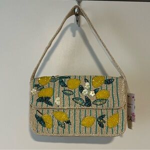 NWT Lemon Beaded Bag Embellished Beige  Handbag Purse